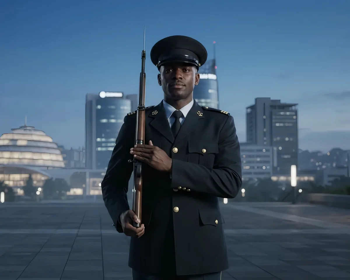 Officer in ceremonial dress uniform with brass buttons and rank insignia, Kigali skyline behind